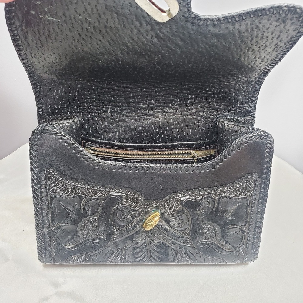 Hand Tooled Black Leather Purse 50's 60's Vintage Cowgirl Western Floral Print - Picture 7 of 9